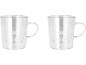 Zwei doppelwandige Glastassen mit Henkeln und weißem Logo