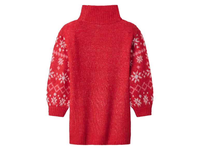 Rotes Strickkleid mit Rollkragen und weißen Schneeflocken an den Ärmeln.