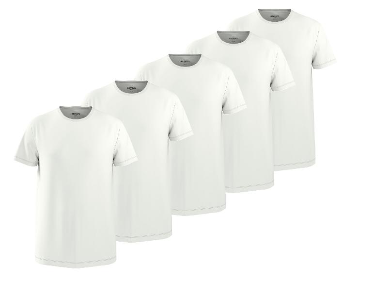 Fünf weiße Herren-T-Shirts mit kurzen Ärmeln, Rundhalsausschnitt und grauen Nähten.