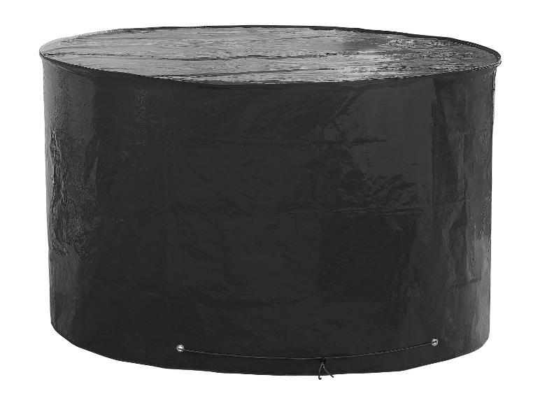 Eine schwarze Schutzhülle für einen runden Tisch.