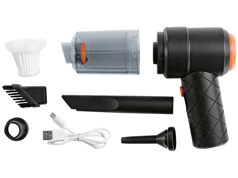 Schwarzer Handstaubsauger mit Zubehör: Filter, Bürsten, Düsen und USB-Ladekabel.