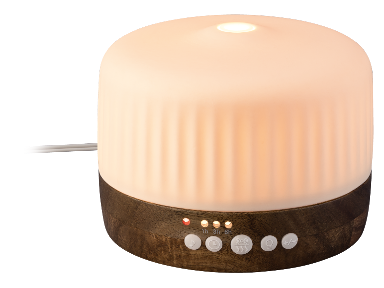 Aromadiffusor aus Holz und mattiertem Glas mit Bedientasten und Kontrollleuchten.