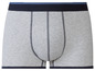 Graue Boxershorts mit blauem Rand.