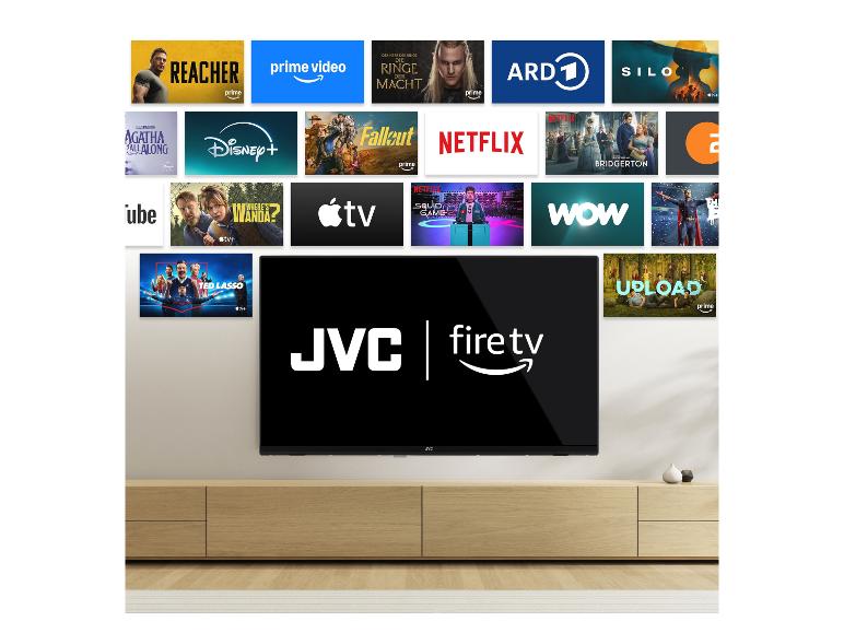 JVC Fire TV mit Streaming-Apps wie Prime Video, Netflix, Disney+ und Apple TV.