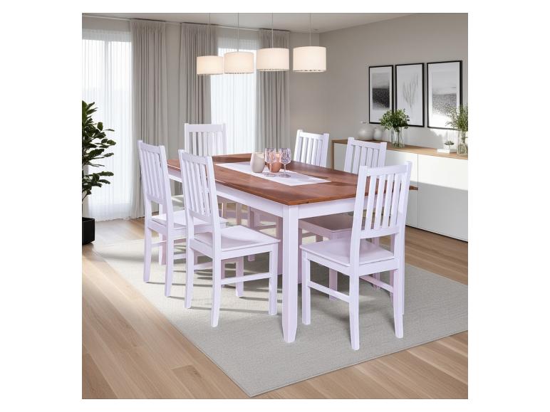 Esszimmergarnitur: Tisch und sechs weiße Stühle.