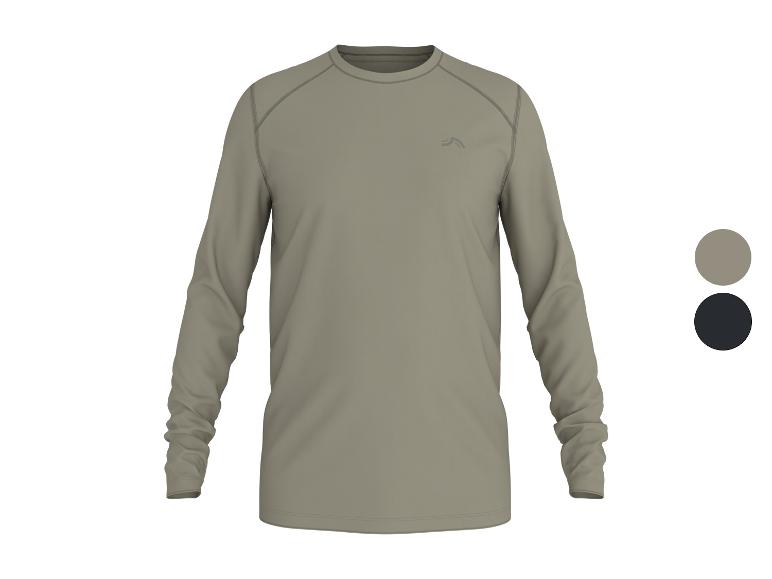 Khakifarbenes Langarmshirt mit Kontrastnähten und Logo, mit grauen und schwarzen Farboptionen.