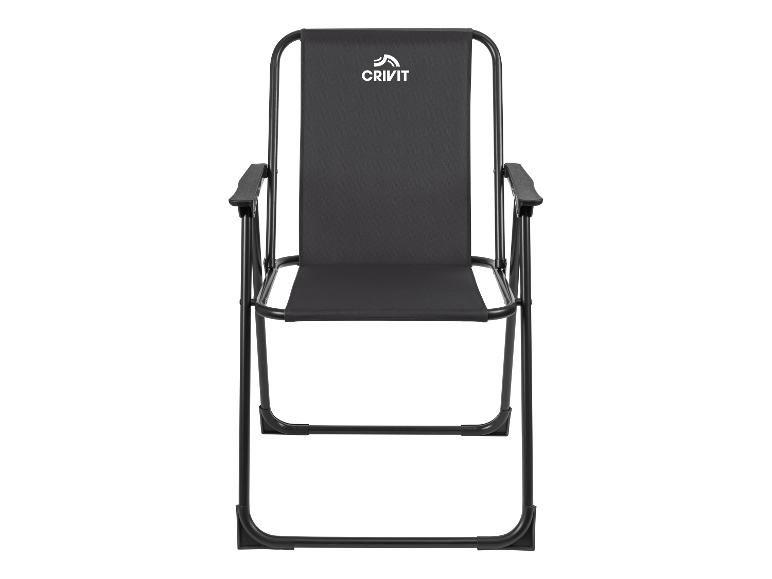 Schwarzer Klapp-Campingstuhl mit Stoffrückenlehne und Sitzfläche.