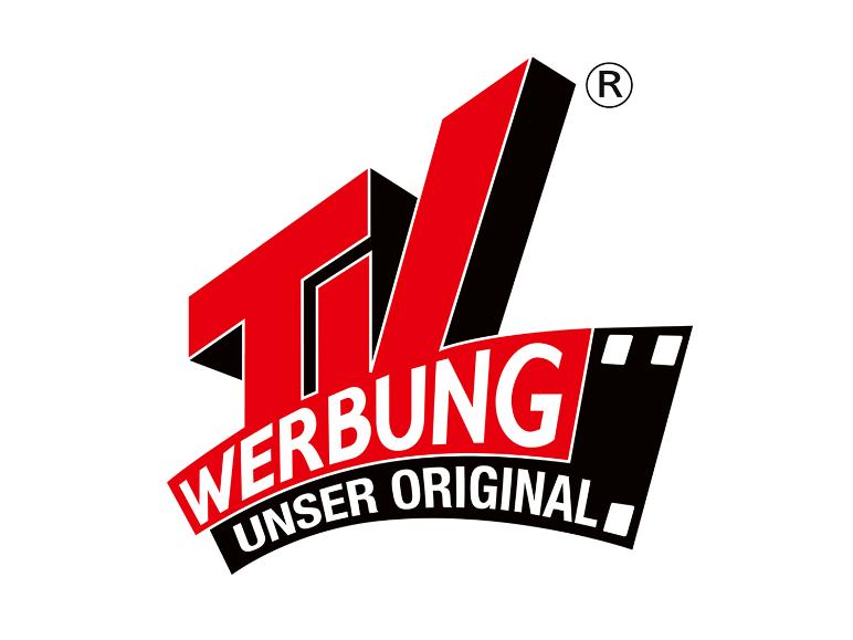 Rot-schwarzes Logo mit dem Text „TV WERBUNG UNSER ORIGINAL“ und Filmstreifen-Elementen.