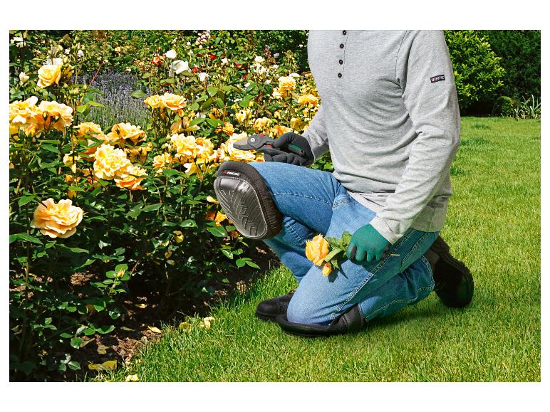 Gärtner mit PARKside Knieschonern und Gartenschere, schneidet gelbe Rosen.