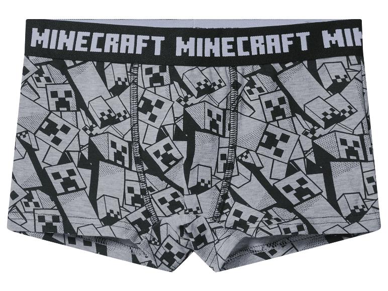 Graue Minecraft-Boxershorts für Jungen mit Creeper-Muster und Minecraft-Logo am Bund.