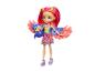 Enchantimals Puppe mit pinken und orangen Haaren, Blumenkleid, hält eine Vogelfigur.