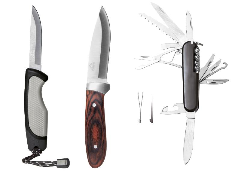 Ein Multifunktions-Taschenmesser, zwei Messer von Crivit und ein Multitool.