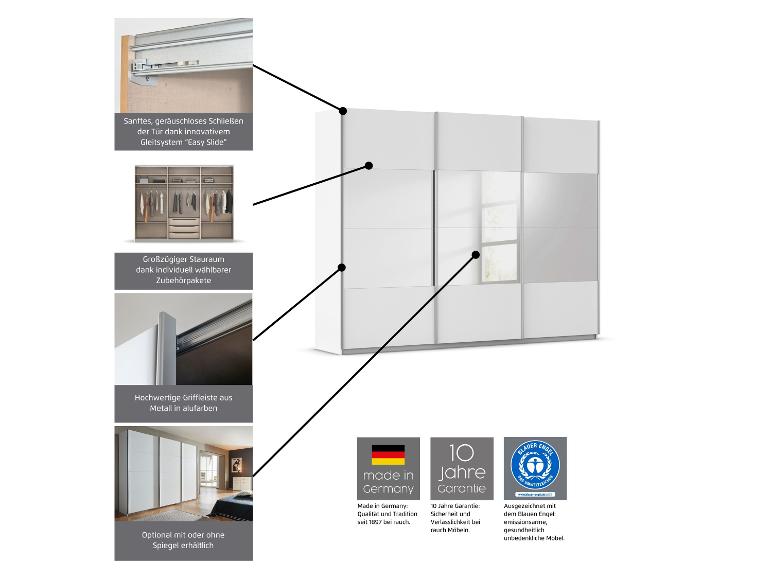 Weiße Schiebetürenschränke mit Spiegeln, leises Gleitsystem; Made in Germany.