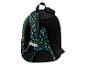 Schwarzer Rucksack mit blau-grünem Gamecontroller-Muster, Rückansicht.
