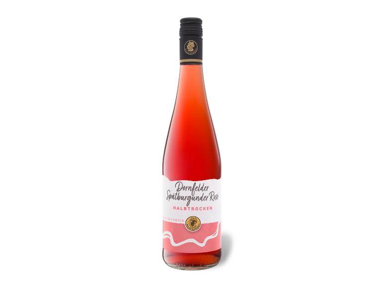 Flasche Dornfelder Spätburgunder Rosé Wein, halbtrocken, mit weißem und rosa Etikett.