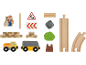 Hölzernes Baustellen-Spielzeugset mit Eisenbahnschienen, Fahrzeugen, Arbeiterfigur und Schildern.