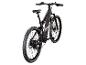 Schwarzes vollgefedertes Mountainbike mit roten und grauen Details.