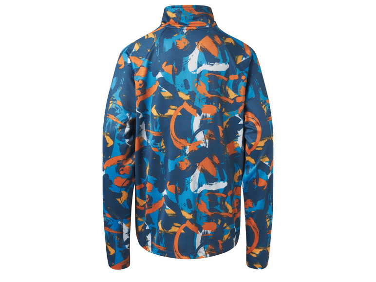Ein blauer Pullover mit langen Ärmeln und orange-weißem Muster.