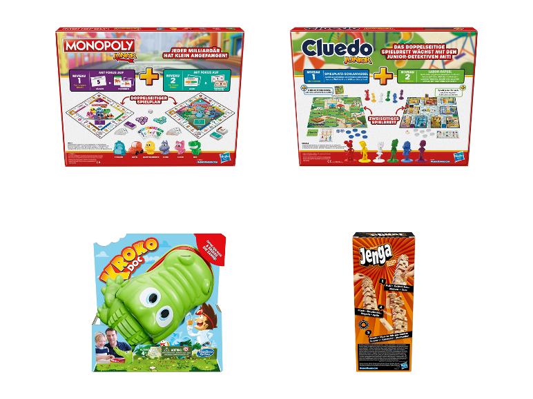 Brettspiele Monopoly Junior, Cluedo Junior, Kroko Doc und Jenga Classic.