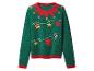 Grüner Weihnachtspullover mit rotem Besatz und festlichen Dekorationen