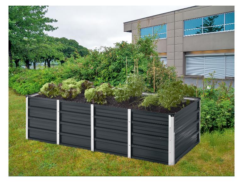 Hochbeet mit Salat und Kräutern in einem Garten neben einem Gebäude.