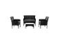 Schwarzes Rattan-Gartenmöbelset mit Zweisitzer-Sofa, zwei Sesseln und Couchtisch.