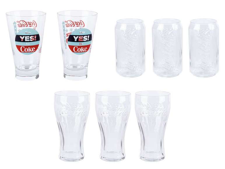 Coca-Cola Gläser und Dosen mit Retro-Designs
