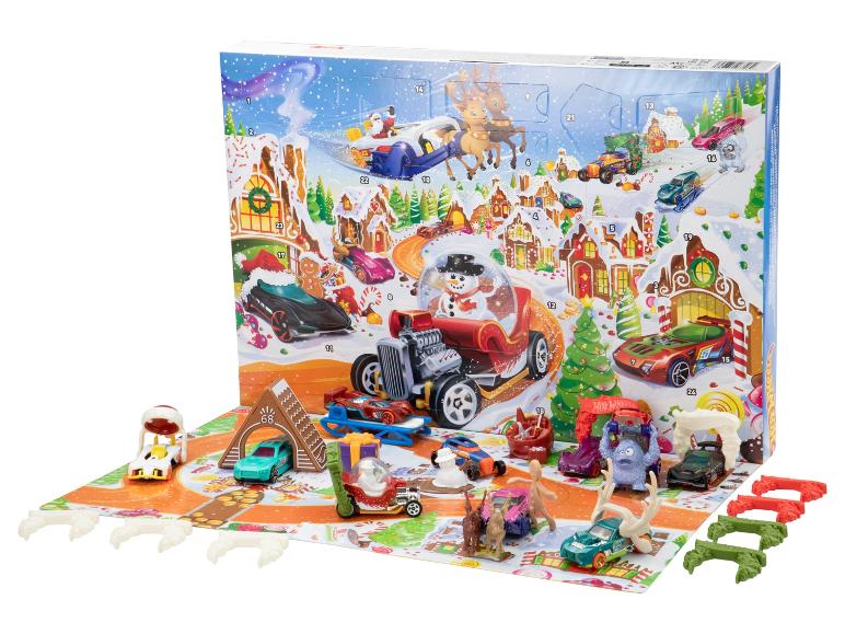 Hot Wheels Adventskalender mit Spielzeugautos und weihnachtlichen Accessoires.