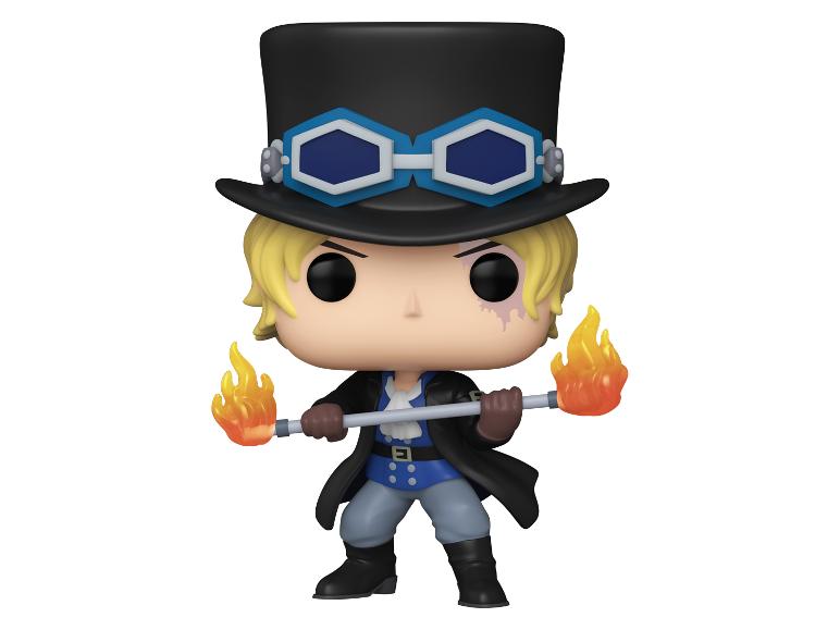 Actionfigur mit schwarzem Hut, Brille und Stab mit Flammen.