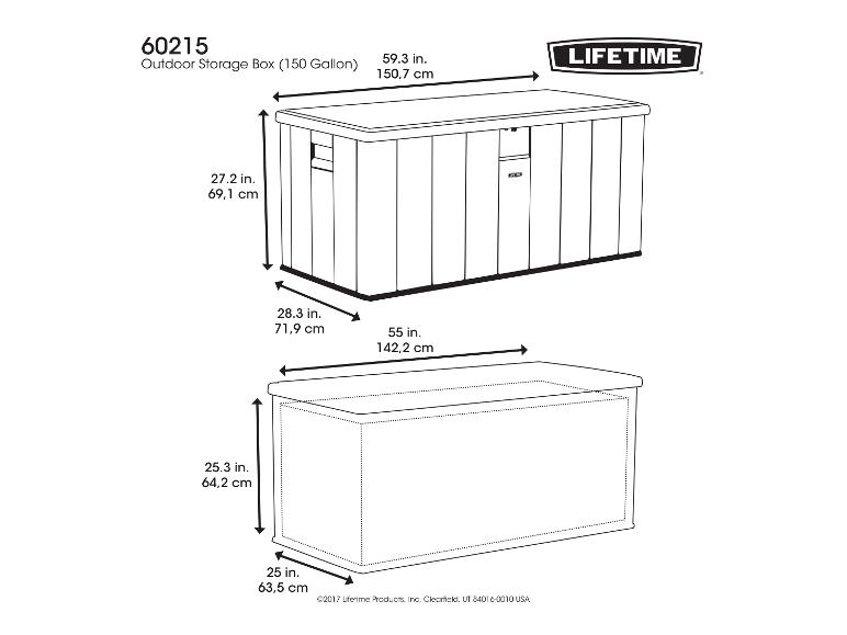 Maße einer 150-Gallonen-Outdoor-Aufbewahrungsbox, einschließlich Höhe, Breite und Tiefe.