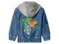 Kinder-Jeansjacke mit grauer Kapuze und Dinosaurier- und Hunde-Print mit „DINO EXPERT“-Text.