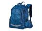 Blauer Rucksack: abstraktes Design, mehrere Fächer.