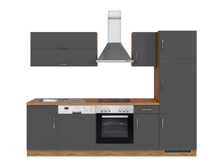 Moderne, kompakte Küche in Grau und Holz.