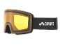 Gelbe Skibrille mit schwarzem Band und Text 'S1 SPEQ GmbH'.