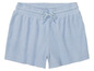 Hellblaue, gerippte Shorts mit Gummizug und Kordel.