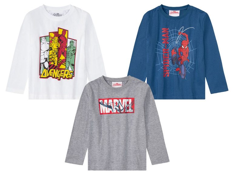 Drei Marvel-Shirts mit Avengers, Spiderman und dem Marvel-Logo.