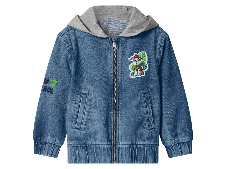 Kinder-Jeansjacke mit grauer Kapuze und Cartoon-Hunde-Patch.