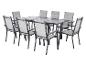 Gartenessgruppe mit einem grauen ausziehbaren Tisch und acht passenden Stühlen.