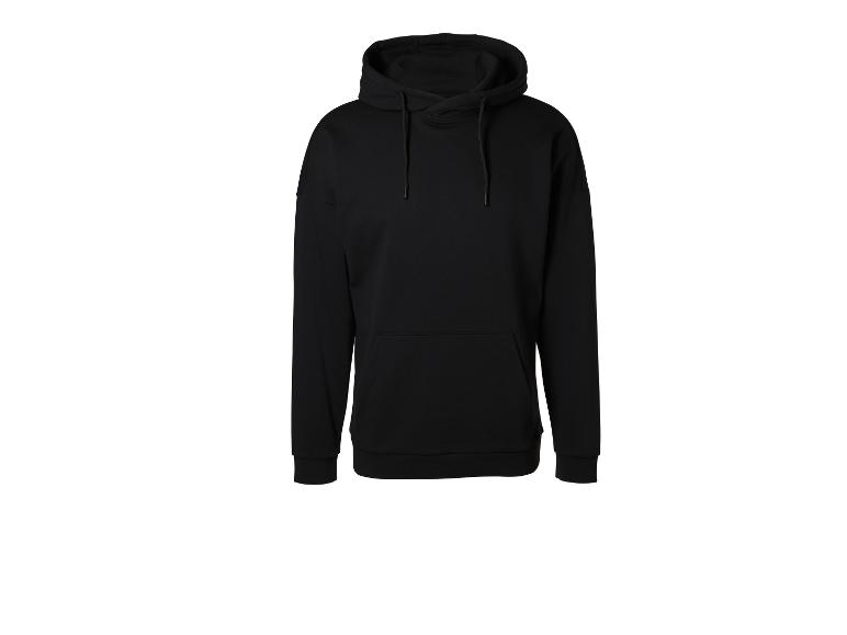 Schwarzer Kapuzenpullover mit Kordelzug und Kängurutasche.