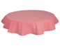 Runder rosa Tischdecke mit weißer Spitze.