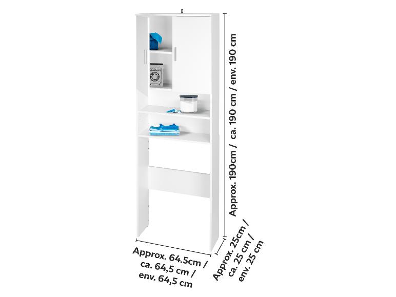 Weißer Wäscheschrank mit Regalen und Türen, Maße angegeben.