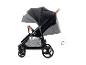 Schwarzer Kinderwagen mit verstellbarem Verdeck und braunem Griff, auf weißem Hintergrund.