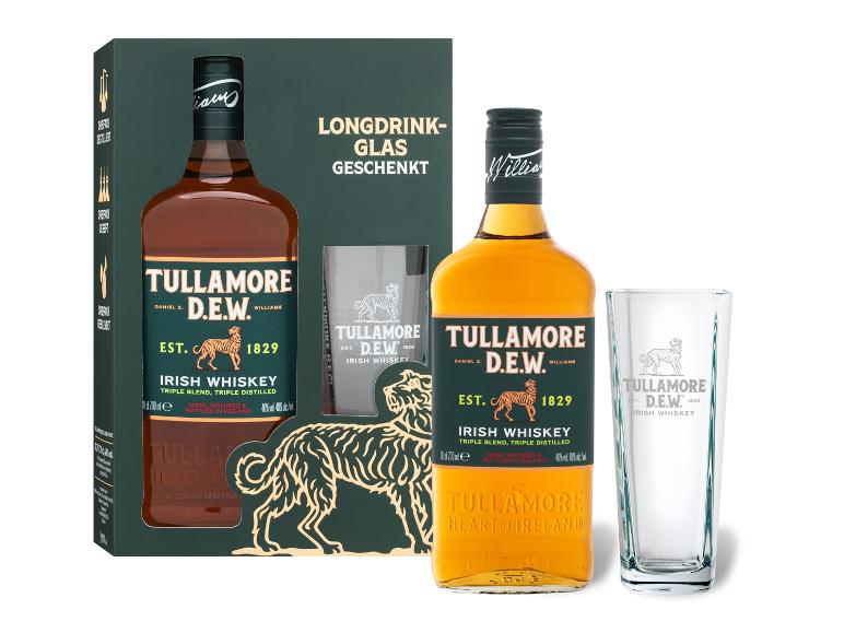 Irischer Whiskey Geschenkset mit einer Flasche und zwei Longdrinkgläsern.