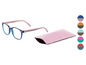Blaue Lesebrille mit rosa Bügeln und rosa Etui.