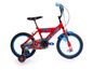 Rotes Kinderfahrrad mit Spiderman-Motiv und Stützrädern.