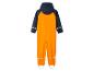 Ein orangefarbener Regenoverall mit blauen Details.