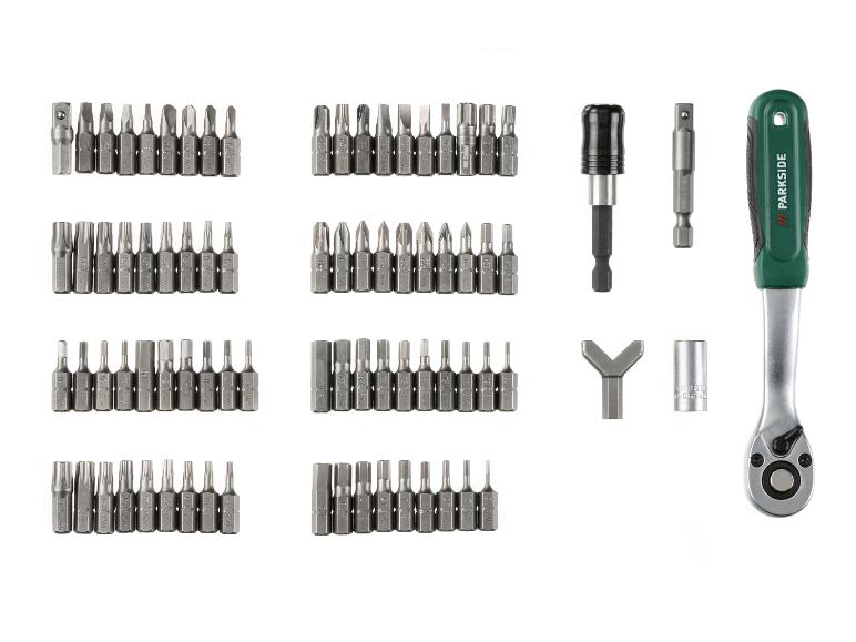 PARKSIDE Schraubendreher-Bit-Set mit Ratschengriff, verschiedenen Bits und Adaptern.