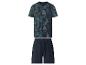 Herren-Pyjama-Set in Dunkelblau mit T-Shirt mit tropischem Blättermuster und unifarbener Shorts.