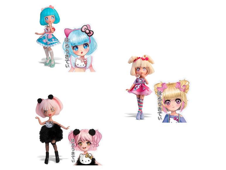Drei 19 cm große Hello Kitty Manga-Puppen in verschiedenen bunten Stilen.