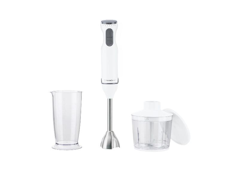 Weißer Stabmixer mit Messbecher und Zerkleinerer.